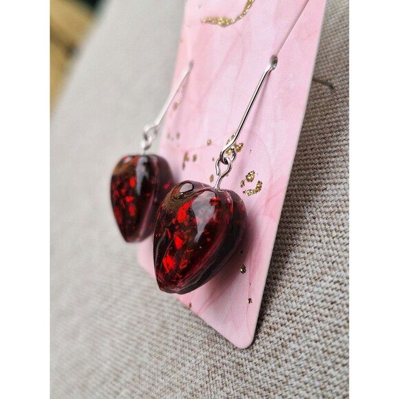 Red Art Handmade Resin Heart Shaped  Earrings Tones Verdes Jewelry - Picture 6 of 6